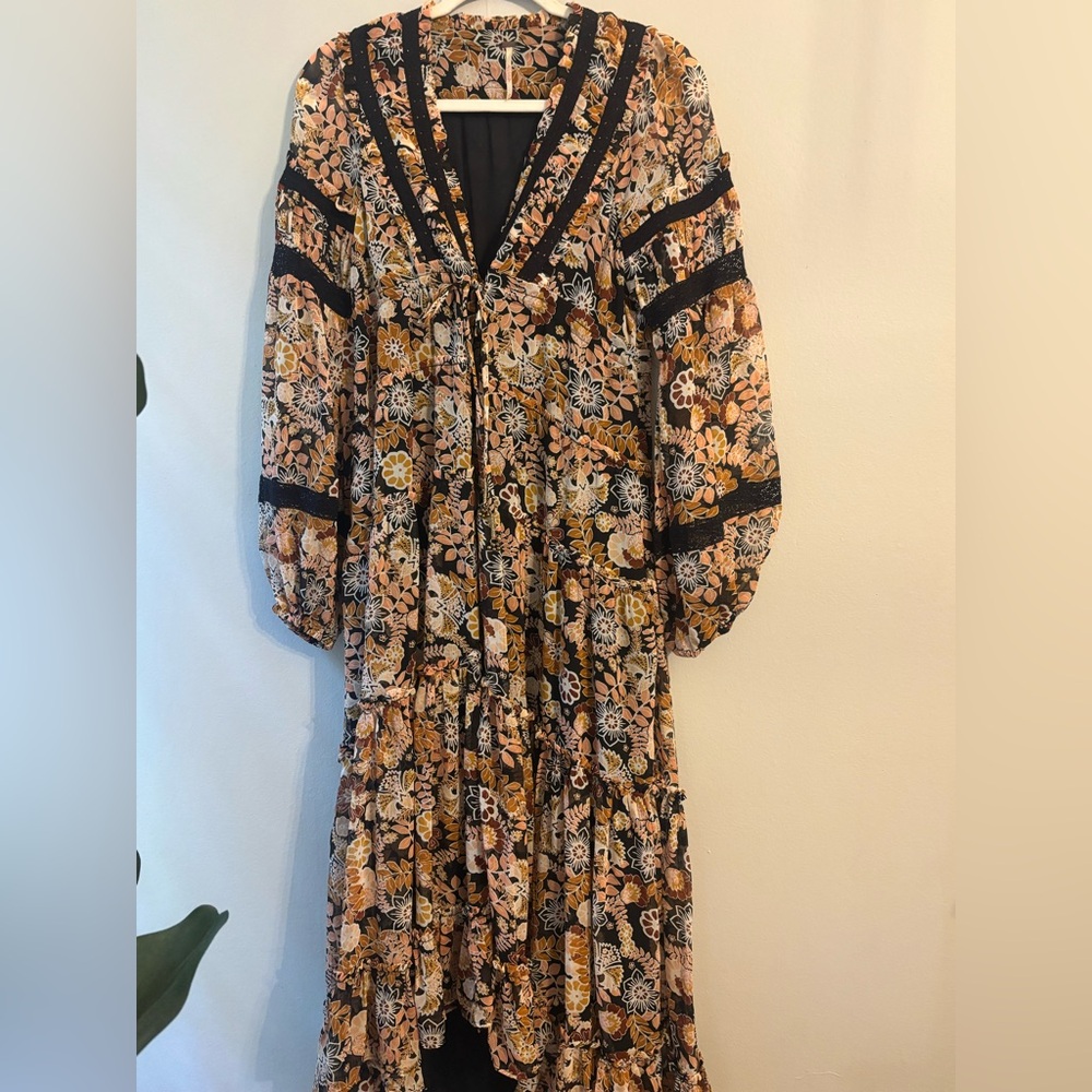 Free People Floral Bohemian Maxi Dress - Black and Orange